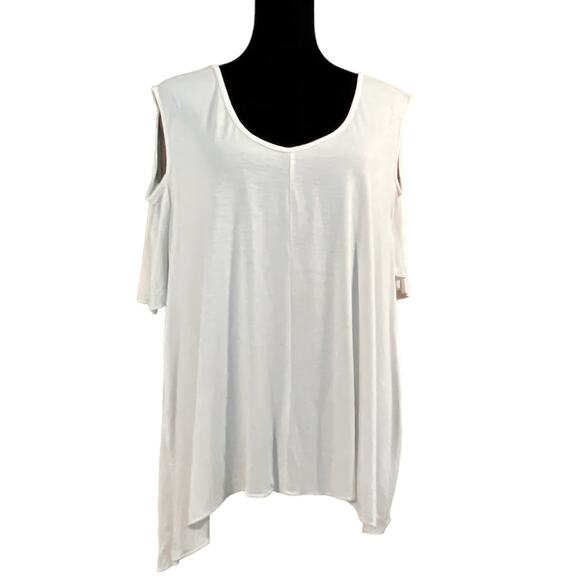 Linjia Asymmetrical Cold Shoulder Blouse Scoop Neck Short Sleeves Large White - Picture 1 of 15